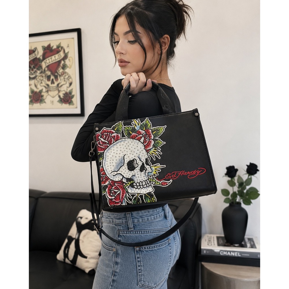 Ed‎ Hardy Y2K Skull Rose Tote Bag NWT Black Vegan Leather Rhinestone Crossbody